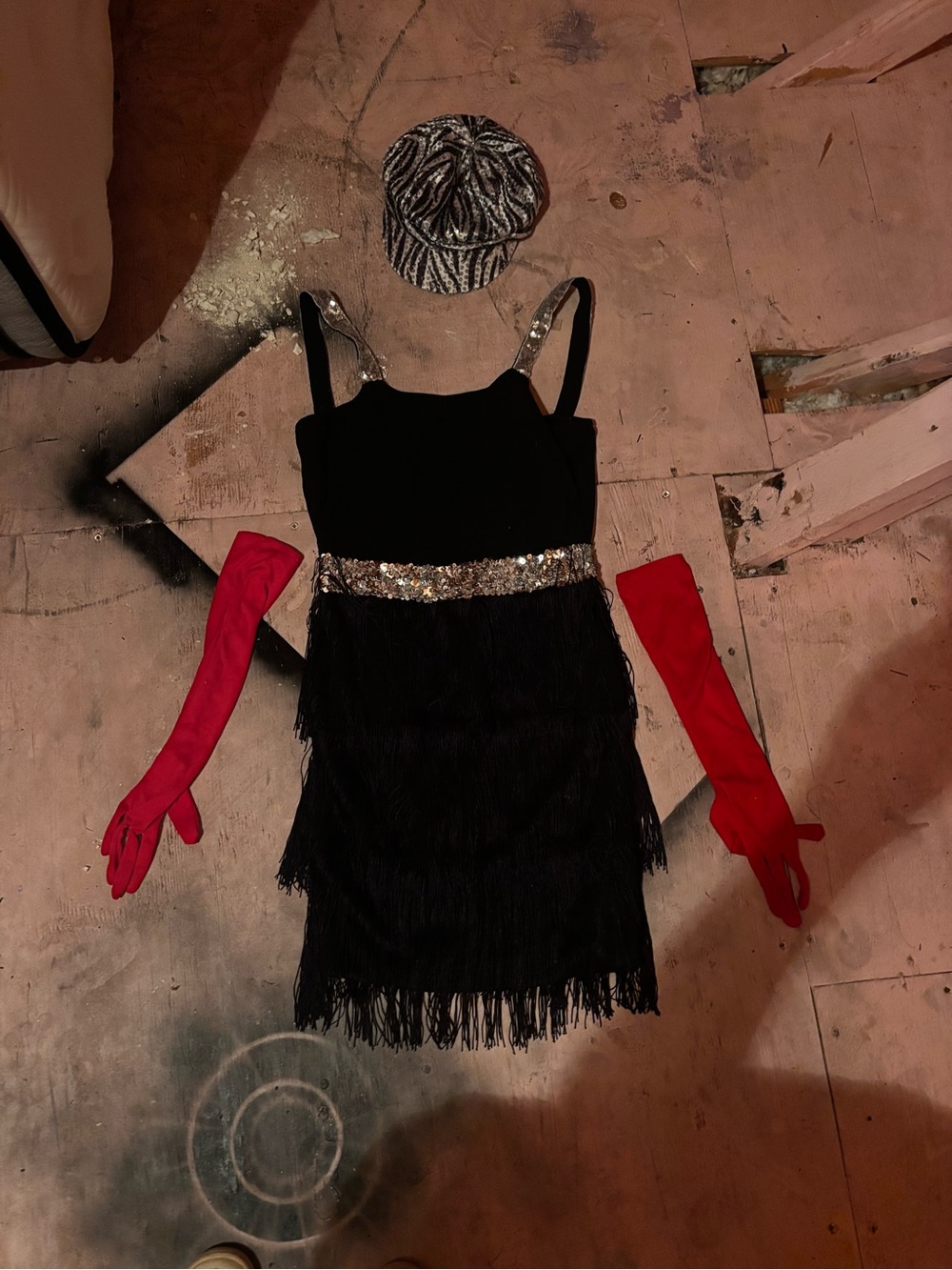 Kids Black Fringe Sequin Dress with Red Gloves